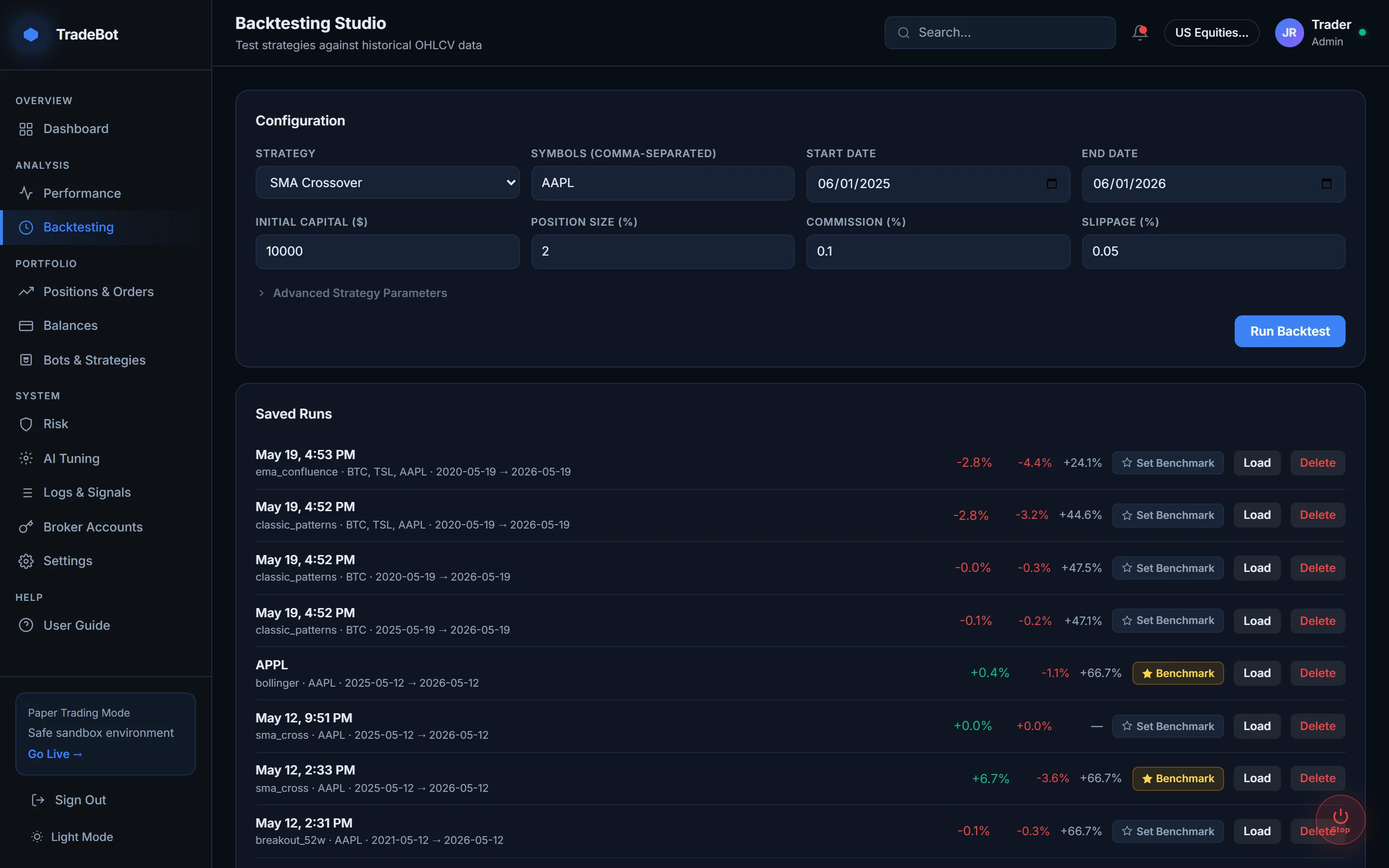Backtesting studio with configuration panel and saved run results