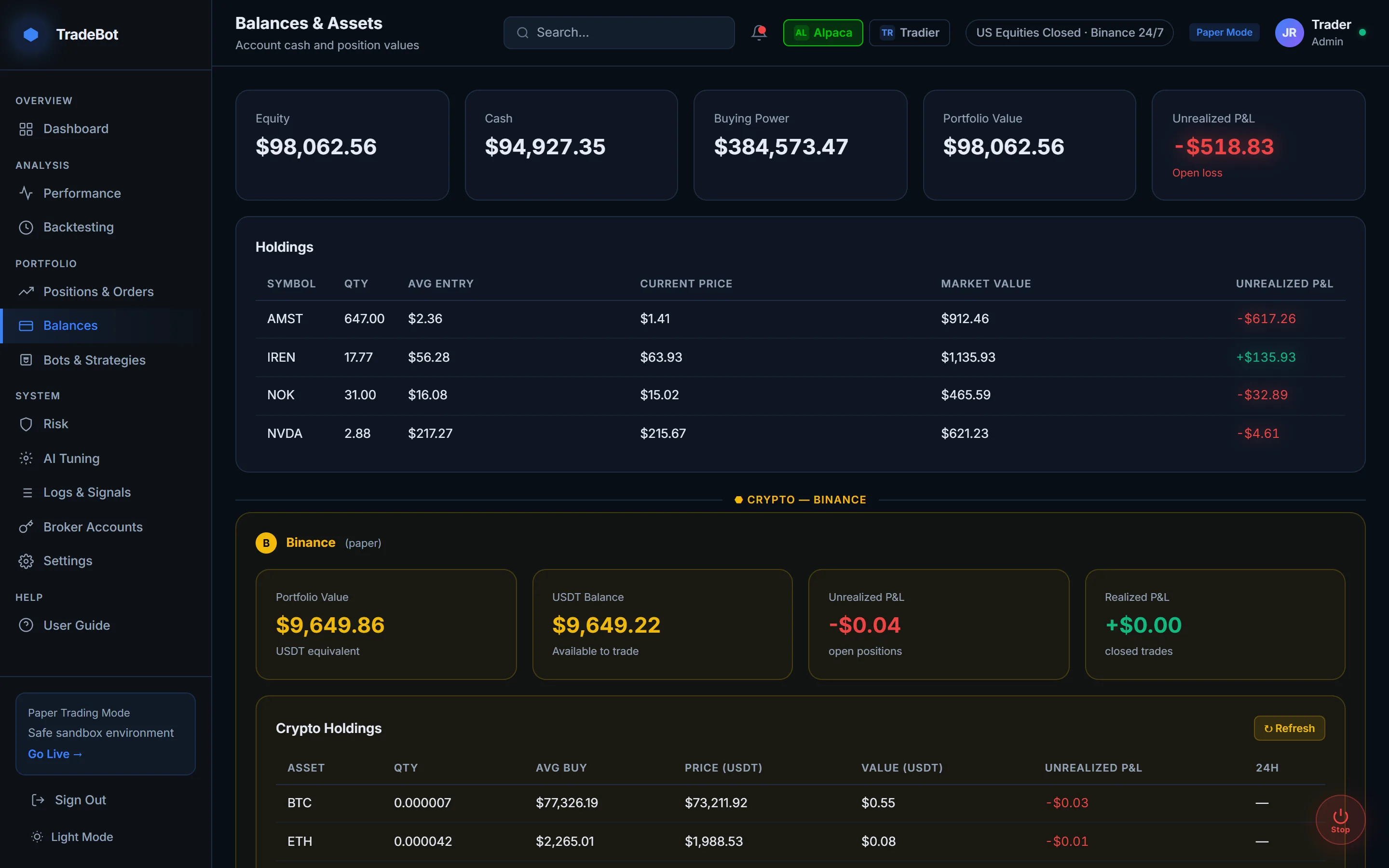 Balances page showing equity KPIs with stock and crypto holdings