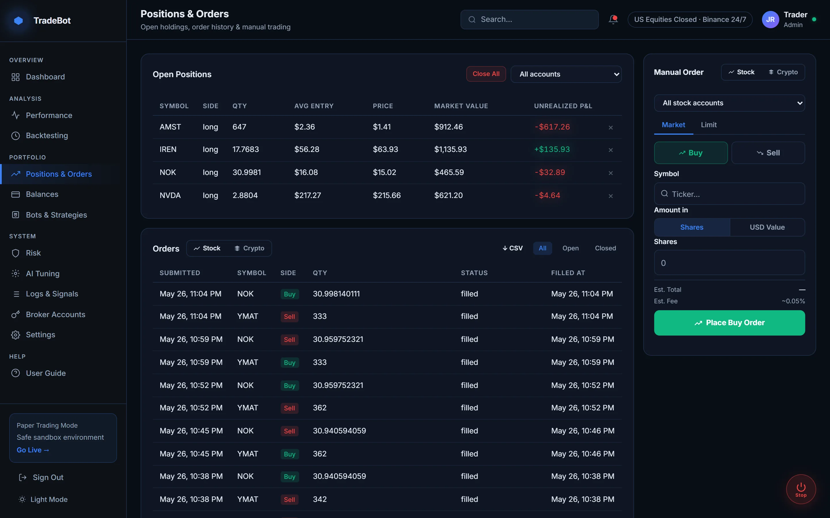 Positions and orders page showing open positions and order history