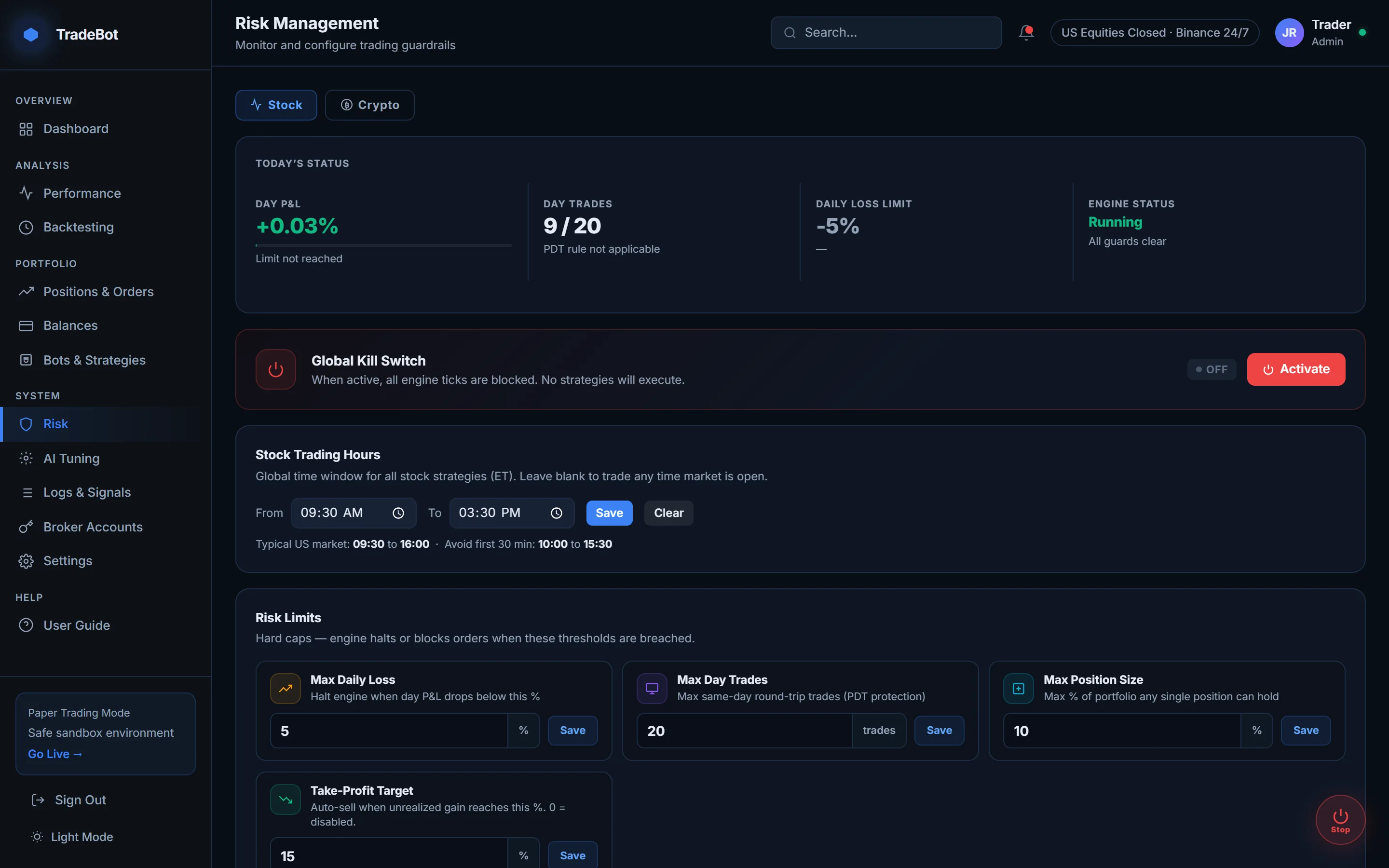 Risk management page showing kill switch, loss limits and trading guards